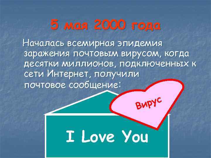 5 мая 2000 года Началась всемирная эпидемия заражения почтовым вирусом, когда десятки миллионов, подключенных