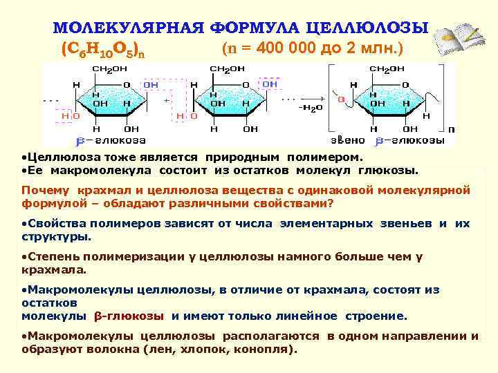 МОЛЕКУЛЯРНАЯ ФОРМУЛА ЦЕЛЛЮЛОЗЫ (C 6 H 10 O 5)n (n = 400 000 до