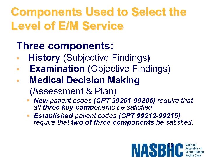 Components Used to Select the Level of E/M Service Three components: § § §