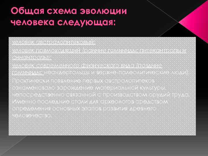 Общая схема эволюции человека следующая: человек австралопитековый; человек прямоходящий (ранние гоминиды: питекантропы и синантропы);