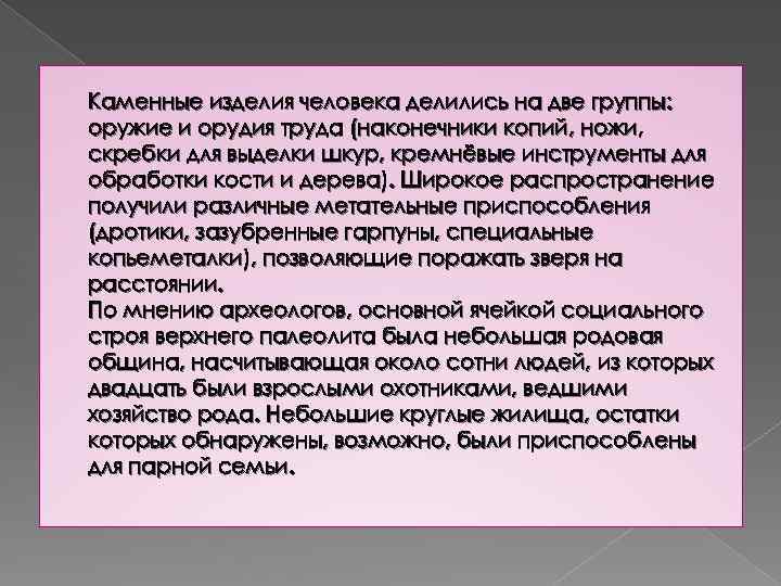 Каменные изделия человека делились на две группы: оружие и орудия труда (наконечники копий, ножи,