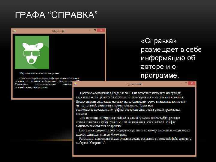 ГРАФА “СПРАВКА” «Справка» размещает в себе информацию об авторе и о программе. 