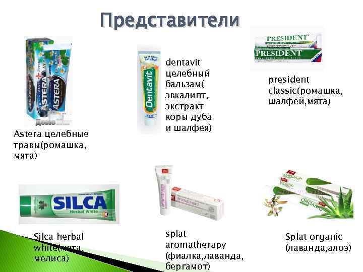 Представители Astera целебные травы(ромашка, мята) Silca herbal white(мята, мелиса) dentavit целебный бальзам( эвкалипт, экстракт