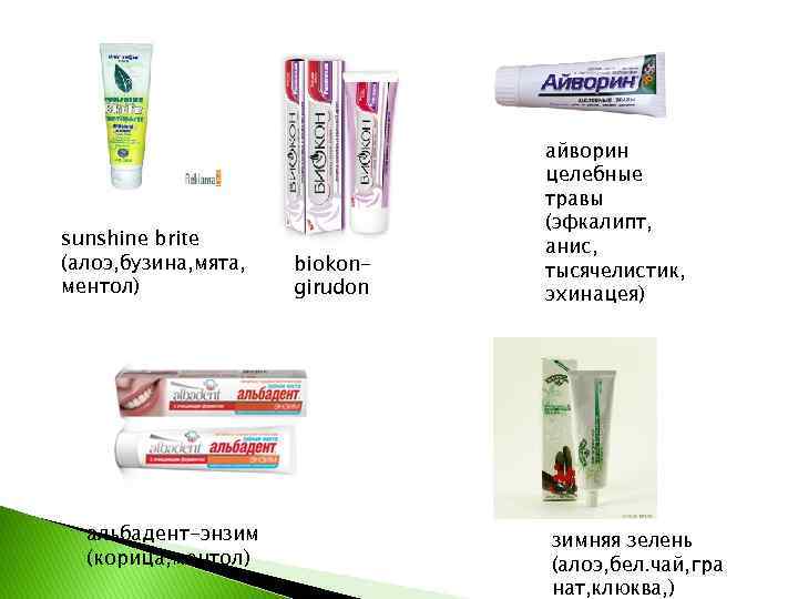 sunshine brite (алоэ, бузина, мята, ментол) альбадент-энзим (корица, ментол) biokongirudon айворин целебные травы (эфкалипт,