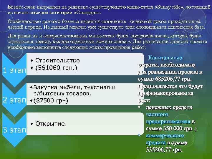 Бизнес-план направлен на развитие существующего мини-отеля «Sunny side» , состоящий из шести номеров категории