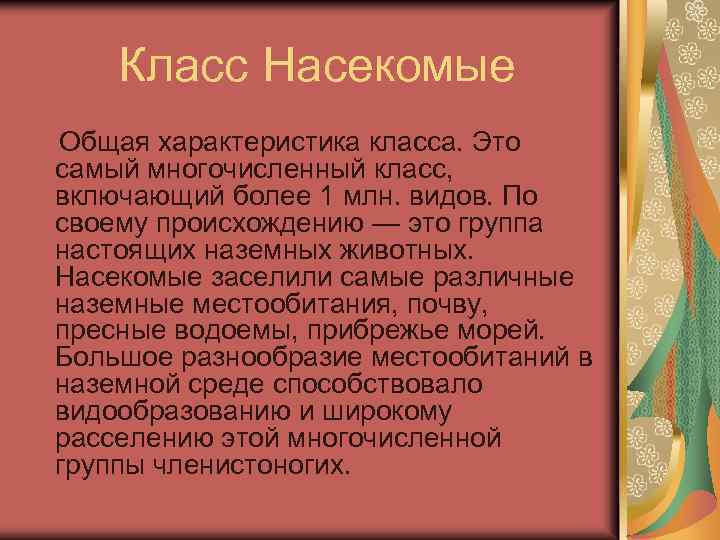 Класс Насекомые Общая характеристика класса. Это самый многочисленный класс, включающий более 1 млн. видов.