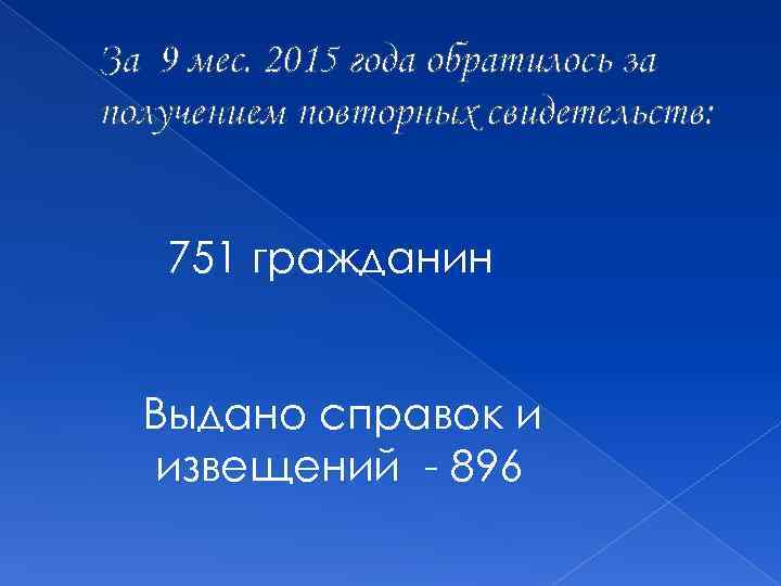 За 9 мес. 2015 года обратилось за получением повторных свидетельств: 751 гражданин Выдано справок