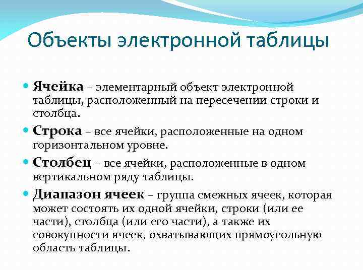 Объекты электронной таблицы Ячейка – элементарный объект электронной таблицы, расположенный на пересечении строки и