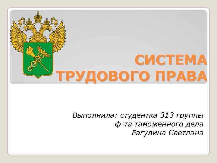 СИСТЕМА ТРУДОВОГО ПРАВА Выполнила: студентка 313 группы ф-та таможенного дела Рагулина Светлана 