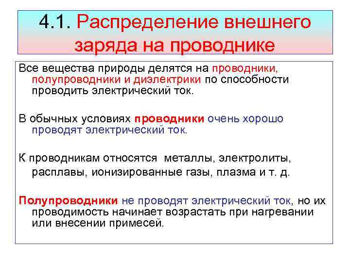 4. 1. Распределение внешнего заряда на проводнике Все вещества природы делятся на проводники, полупроводники