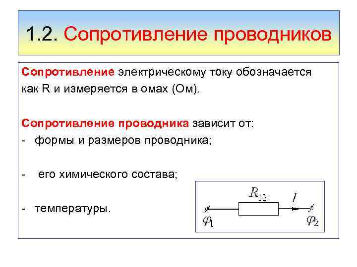 1. 2. Сопротивление проводников Сопротивление электрическому току обозначается как R и измеряется в омах
