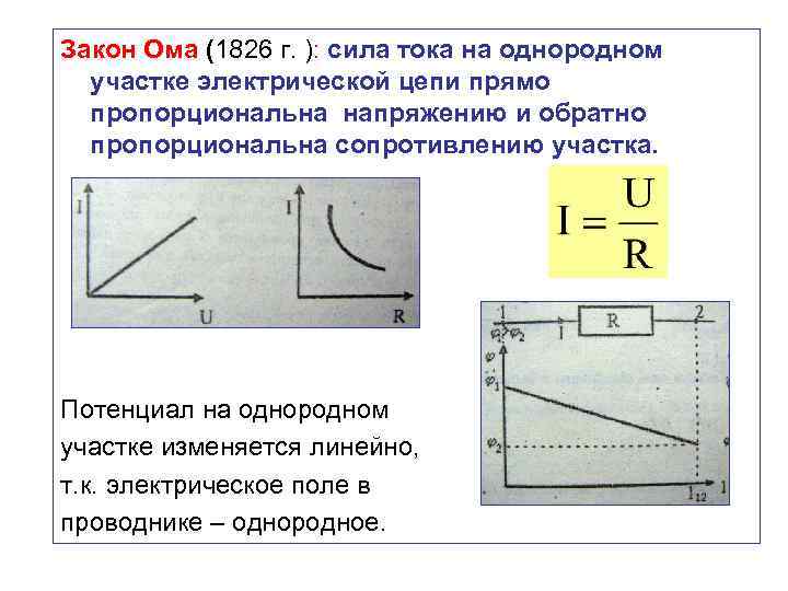 Закон Ома (1826 г. ): сила тока на однородном участке электрической цепи прямо пропорциональна