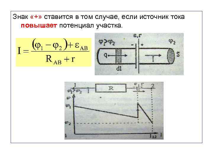 Знак «+» ставится в том случае, если источник тока повышает потенциал участка. 