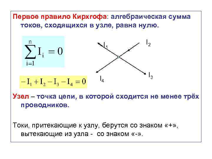 Первое правило Кирхгофа: алгебраическая сумма токов, сходящихся в узле, равна нулю. I 1 I