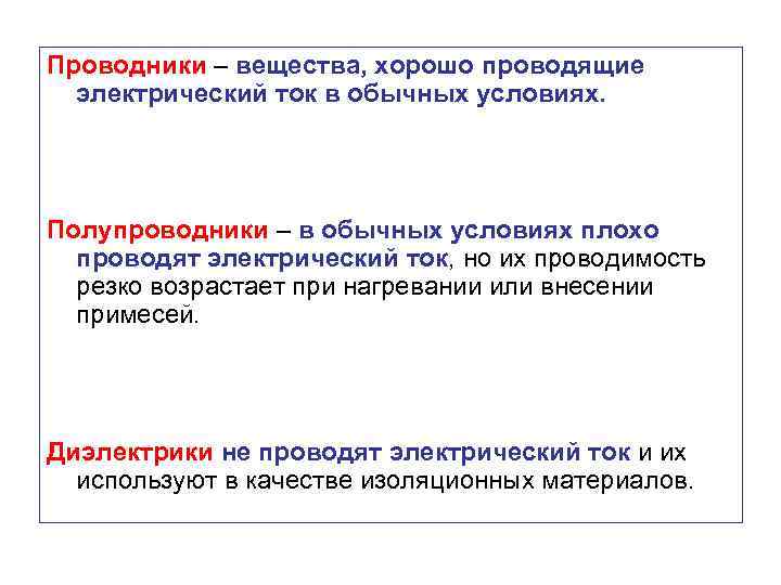 Проводники – вещества, хорошо проводящие электрический ток в обычных условиях. Полупроводники – в обычных