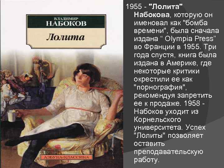 1955 - "Лолита" Набокова, которую он именовал как "бомба времени", была сначала издана “