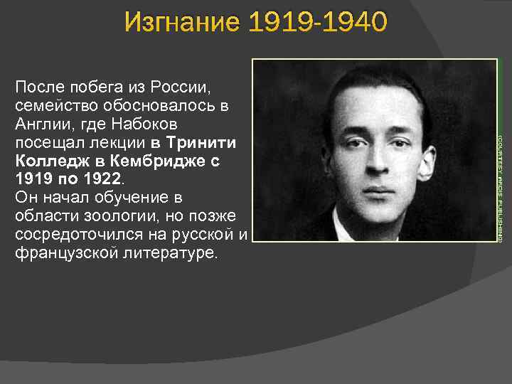 Изгнание 1919 -1940 После побега из России, семейство обосновалось в Англии, где Набоков посещал