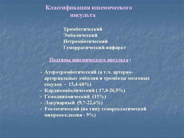 Классификация ишемического инсульта Тромботический Эмболический Нетромботический Геморрагический инфаркт Подтипы ишемического инсульта : - Атеротромботический