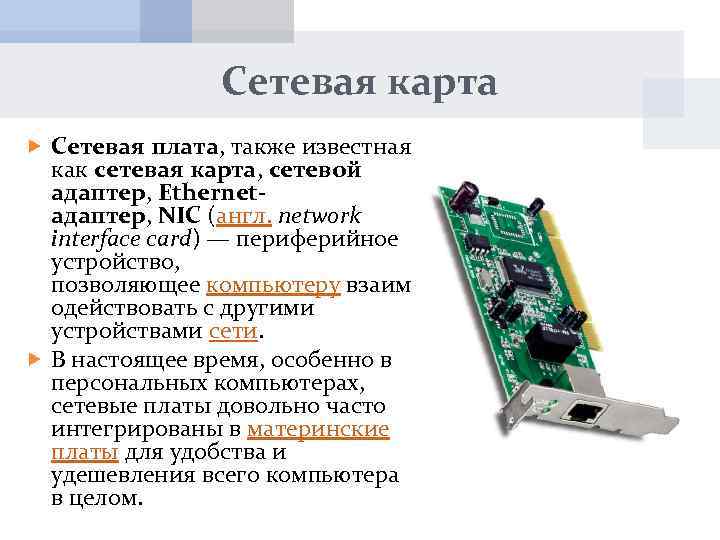 Сетевая карта Сетевая плата, также известная как сетевая карта, сетевой адаптер, Ethernetадаптер, NIC (англ.