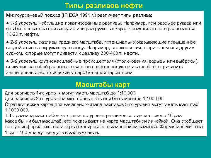 Типы разливов нефти Многоуровневый подход (IPIECA 1991 г. ) различает типы разлива: ● 1