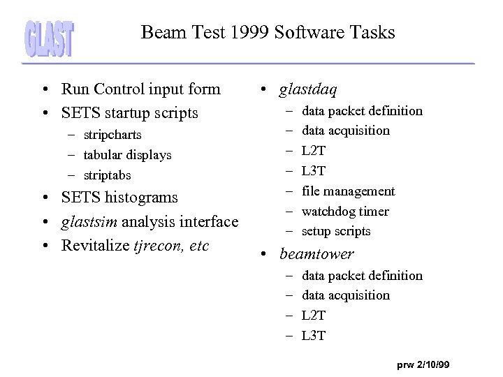 Beam Test 1999 Software Tasks • Run Control input form • SETS startup scripts