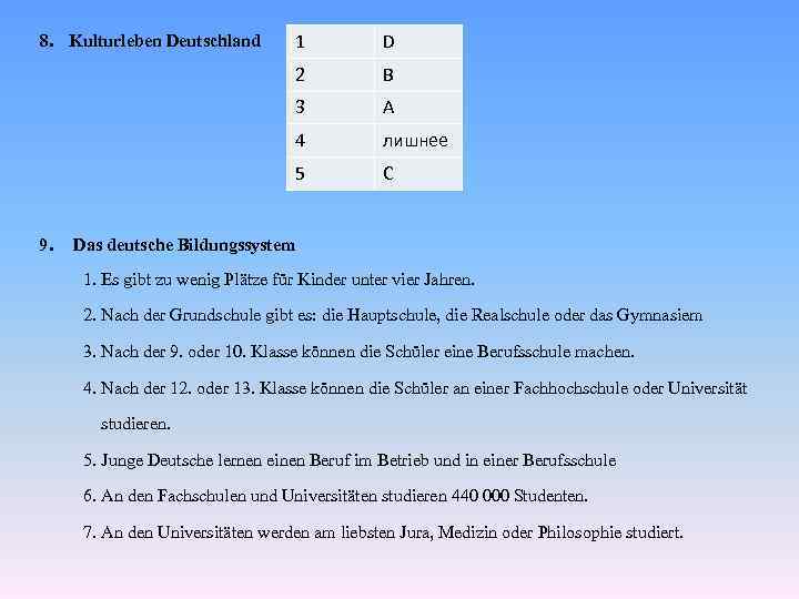 D B 3 A 4 лишнее 5 9. 1 2 8. Kulturleben Deutschland C