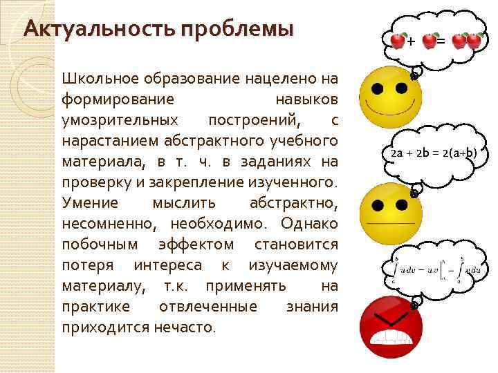 Актуальность проблемы Школьное образование нацелено на формирование навыков умозрительных построений, с нарастанием абстрактного учебного