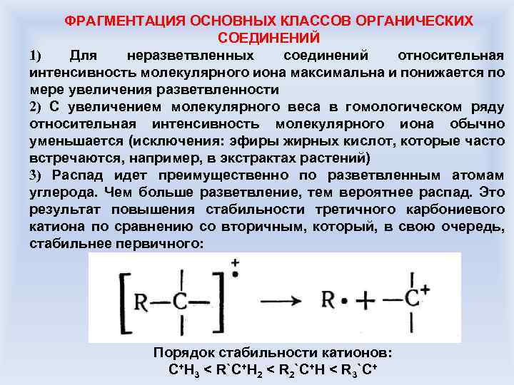 ФРАГМЕНТАЦИЯ ОСНОВНЫХ КЛАССОВ ОРГАНИЧЕСКИХ СОЕДИНЕНИЙ 1) Для неразветвленных соединений относительная интенсивность молекулярного иона максимальна