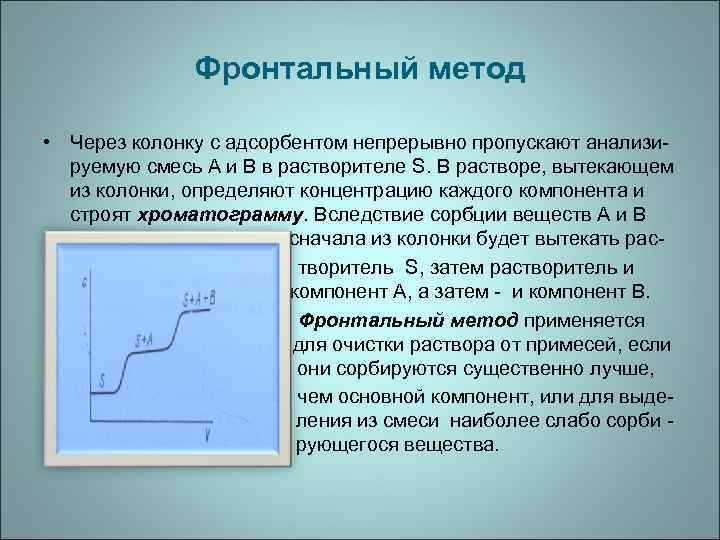 Метод через. Фронтальный метод хроматографии. Фронтальная хроматография. Фронтальные методы. Фронтальный метод анализа.