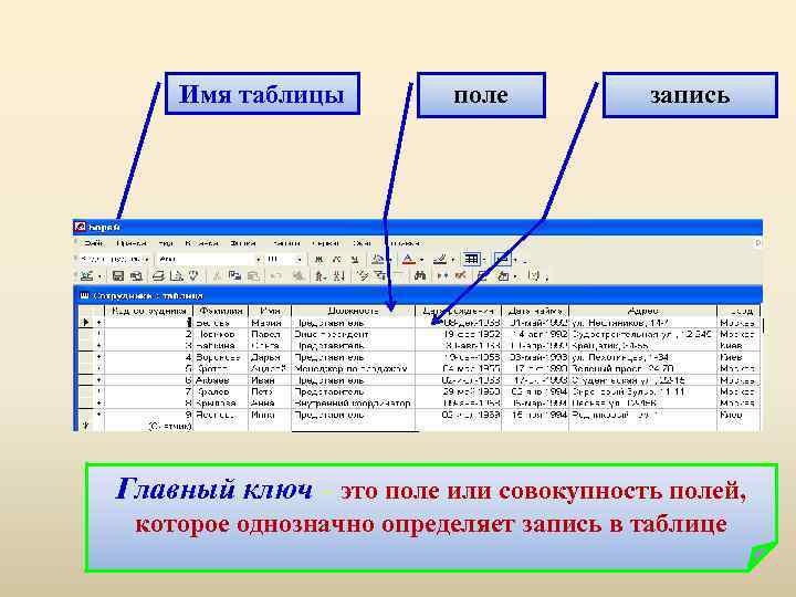 Имя таблицы поле запись Главный ключ – это поле или совокупность полей, которое однозначно