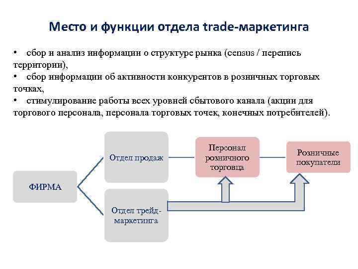 Место и функции отдела trade-маркетинга • сбор и анализ информации о структуре рынка (census