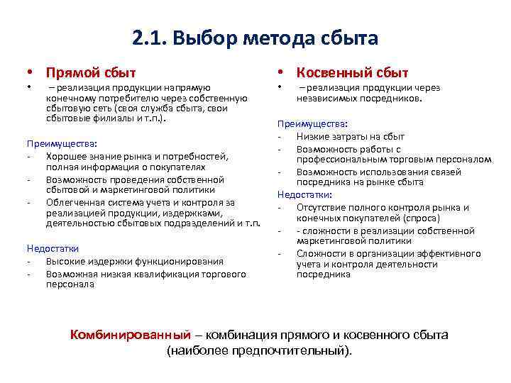 2. 1. Выбор метода сбыта • Прямой сбыт • – реализация продукции напрямую конечному