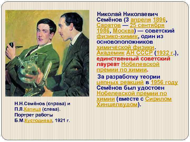  Николай Николаевич Н. Н. Семёнов (справа) и П. Л. Капица (слева). Портрет работы