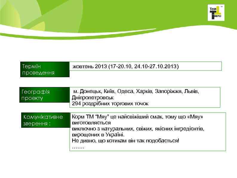  Термін проведення жовтень 2013 (17 -20. 10, 24. 10 -27. 10. 2013) Географія