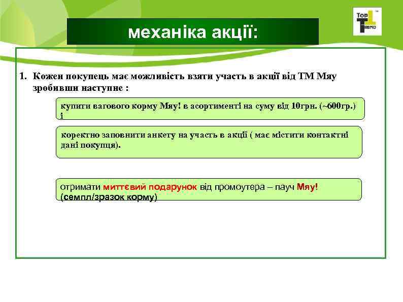 механіка акції: 1. Кожен покупець має можливість взяти участь в акції від ТМ Мяу