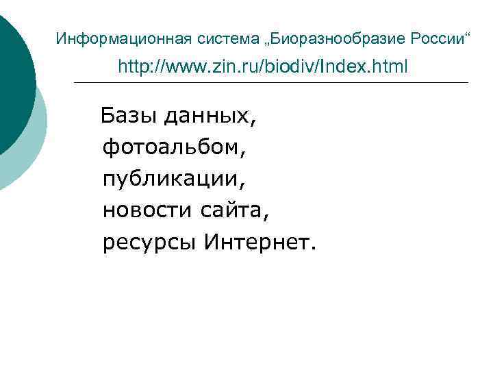 Информационная система „Биоразнообразие России“ http: //www. zin. ru/biodiv/Index. html Базы данных, фотоальбом, публикации, новости