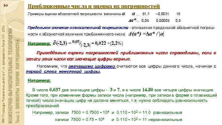 10 Приближенные числа и оценка их погрешностей Примеры оценки абсолютной погрешности величины а: а.