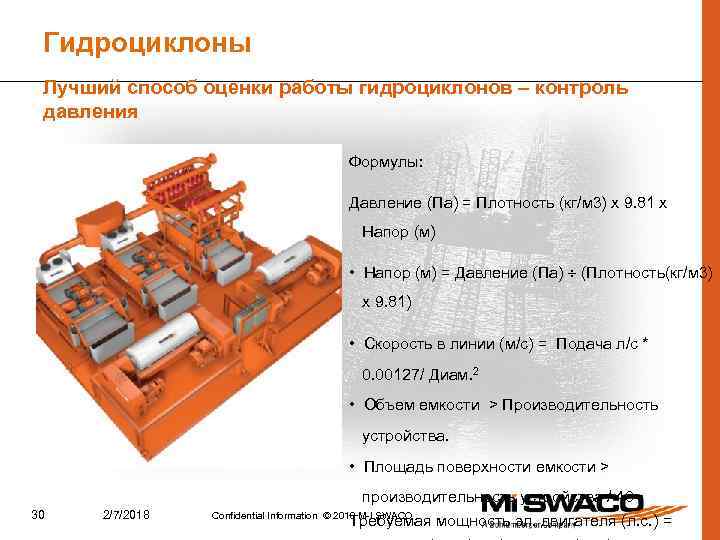 Гидроциклоны Лучший способ оценки работы гидроциклонов – контроль давления Формулы: Давление (Па) = Плотность