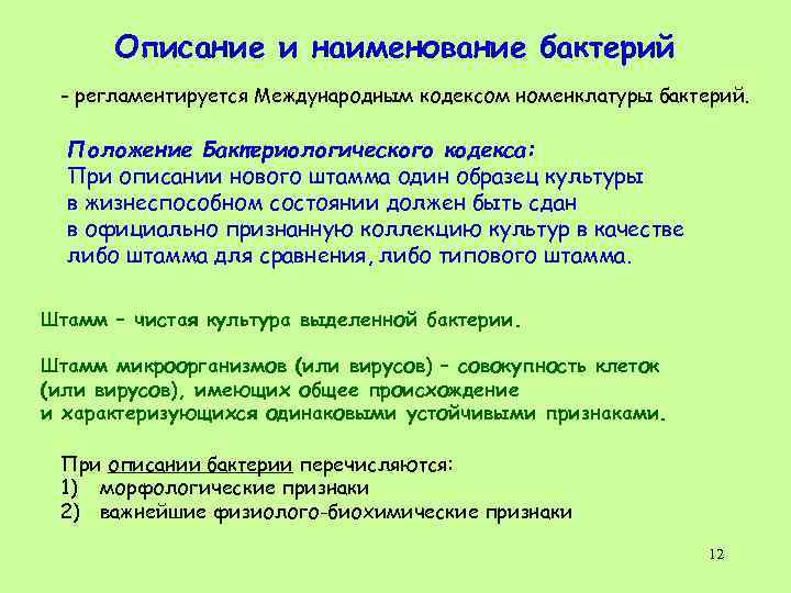 Описание и наименование бактерий - регламентируется Международным кодексом номенклатуры бактерий. Положение Бактериологического кодекса: При