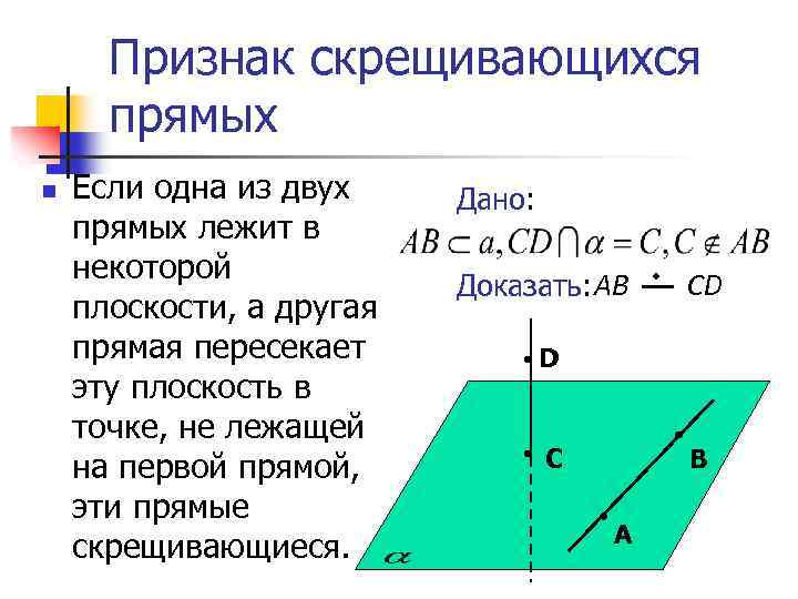 Признак скрещивающихся прямых n Если одна из двух прямых лежит в некоторой плоскости, а