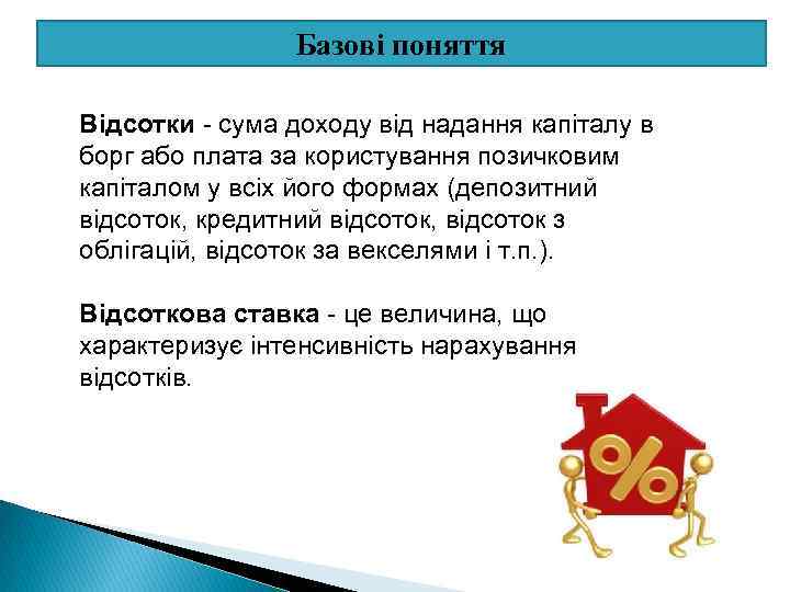 Базові поняття Відсотки - сума доходу від надання капіталу в борг або плата за