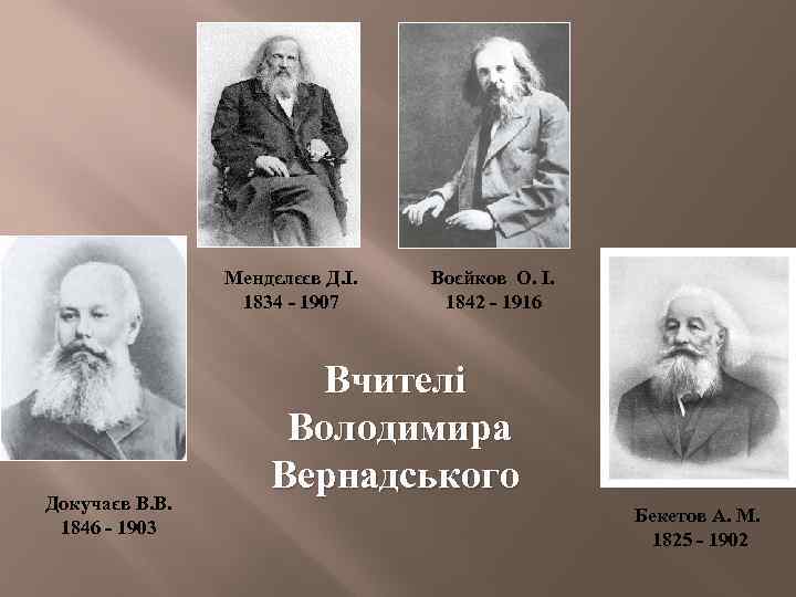 Мендєлєєв Д. І. 1834 - 1907 Докучаєв В. В. 1846 - 1903 Воєйков О.
