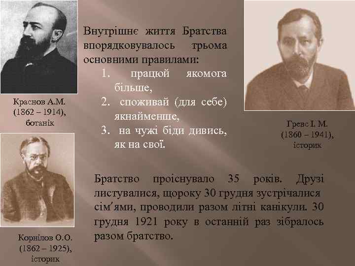 Краснов А. М. (1862 – 1914), ботанік Корнілов О. О. (1862 – 1925), історик