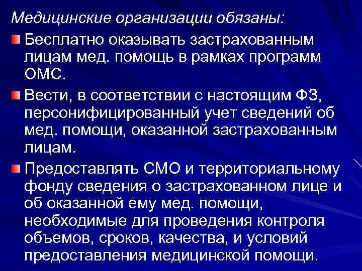 Медицинские организации обязаны: Бесплатно оказывать застрахованным лицам мед. помощь в рамках программ ОМС. Вести,