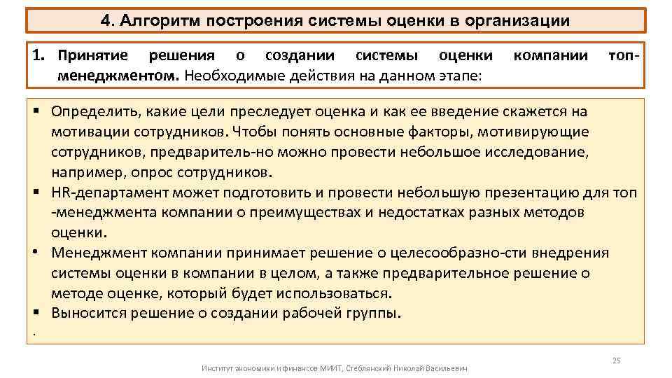 4. Алгоритм построения системы оценки в организации 1. Принятие решения о создании системы оценки