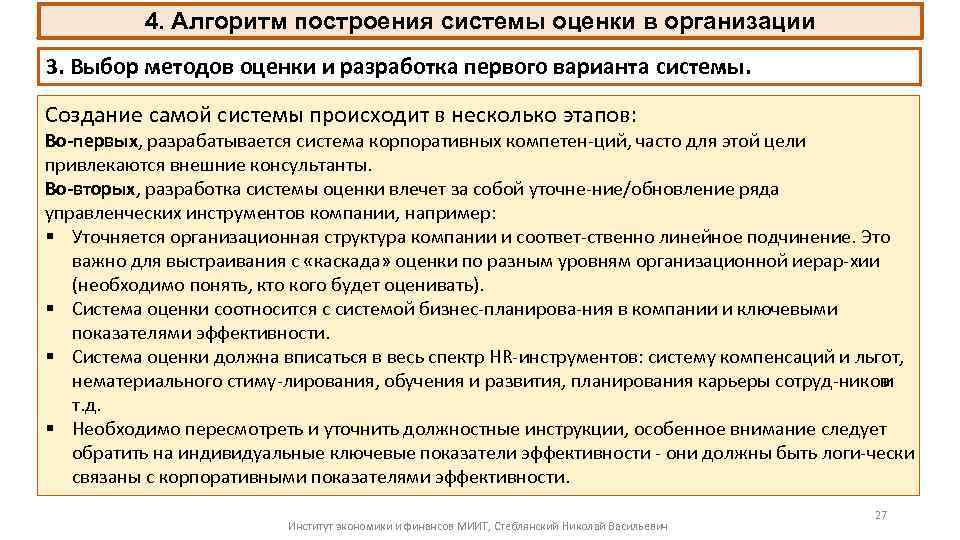 4. Алгоритм построения системы оценки в организации 3. Выбор методов оценки и разработка первого