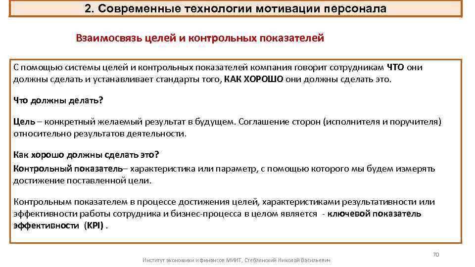 2. Современные технологии мотивации персонала Взаимосвязь целей и контрольных показателей С помощью системы целей