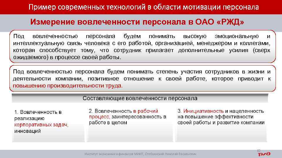 Пример современных технологий в области мотивации персонала Измерение вовлеченности персонала в ОАО «РЖД» Под
