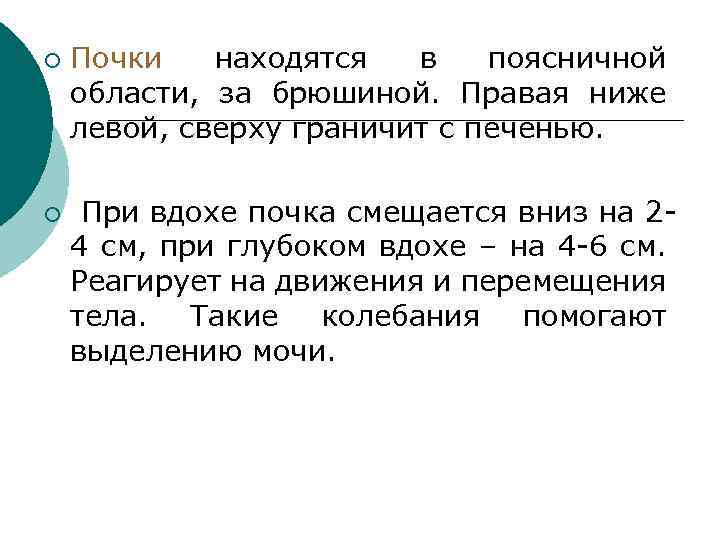 ¡ ¡ Почки находятся в поясничной области, за брюшиной. Правая ниже левой, сверху граничит