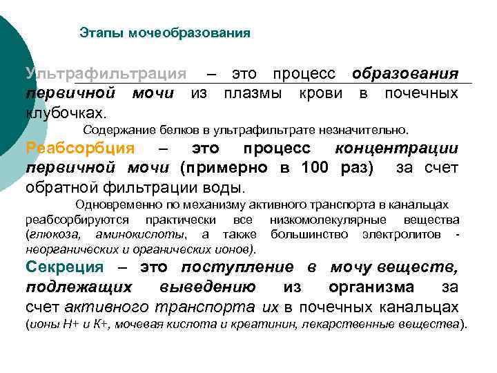 Этапы мочеобразования Ультрафильтрация – это процесс образования первичной мочи из плазмы крови в почечных